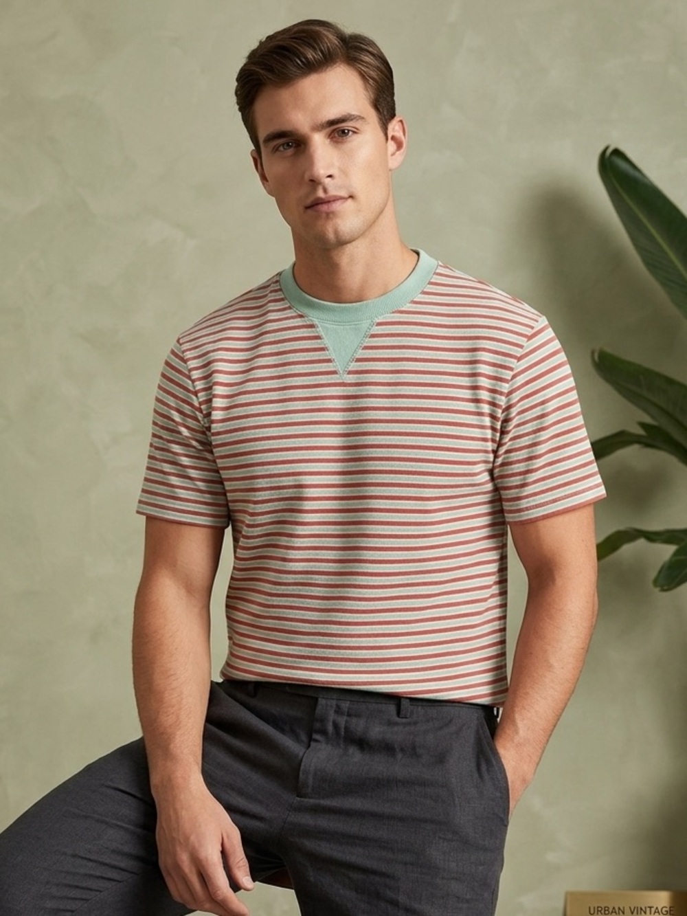 Striped Short-Sleeve Crewneck Tee in Mint and Rust
